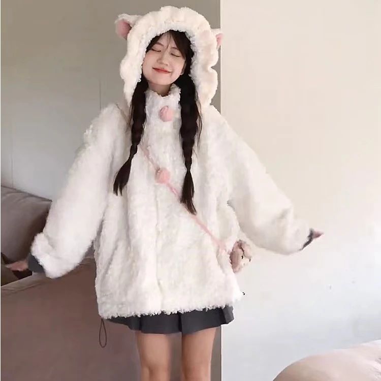 冬季毛毛外套连帽宽松加绒保暖毛绒加厚慵懒甜美冬季百搭外穿女