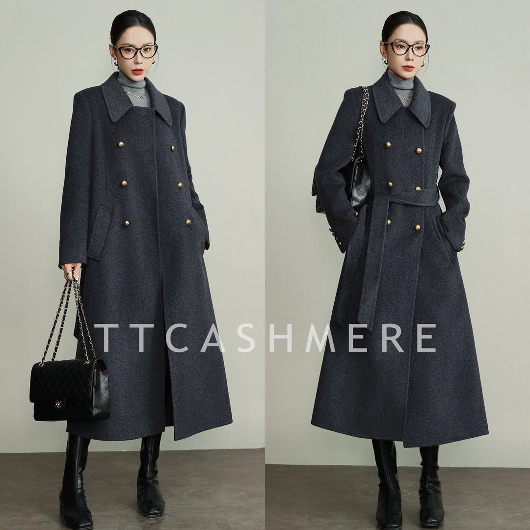 TT灰色双排扣羊绒大衣双面毛呢大衣高端韩版中长款女士加厚秋冬