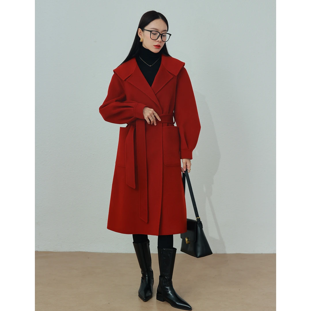 TT品牌红色双面羊绒大衣女中长款2024秋冬新款高端时尚羊毛呢外套