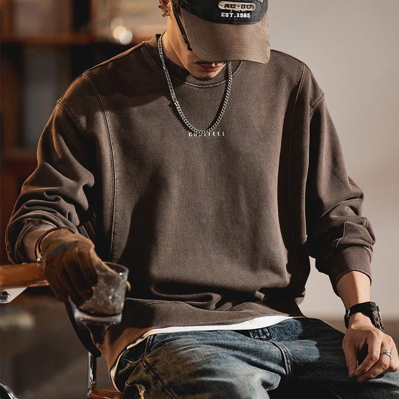 圆领卫衣男士秋季重磅石磨水洗重磅宽松大码美式复古套头长袖3076