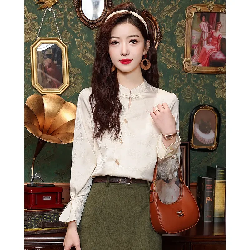 8605 新中式盘扣立领盘扣衬衫女2024春季新款时髦百搭文艺长袖