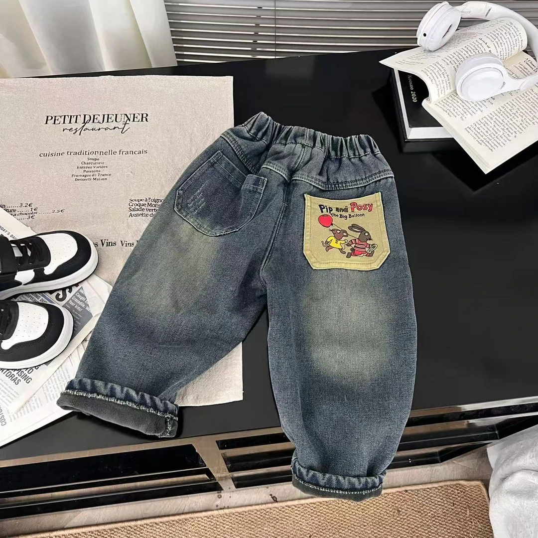 2024冬季新款儿童加绒加厚牛仔裤韩版百搭宽松时尚108裤子