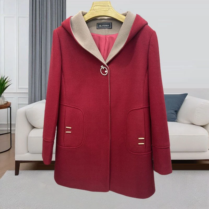 连帽外套大衣女毛呢中款正肩里布大码妈妈秋冬小个子安哥拉红大衣