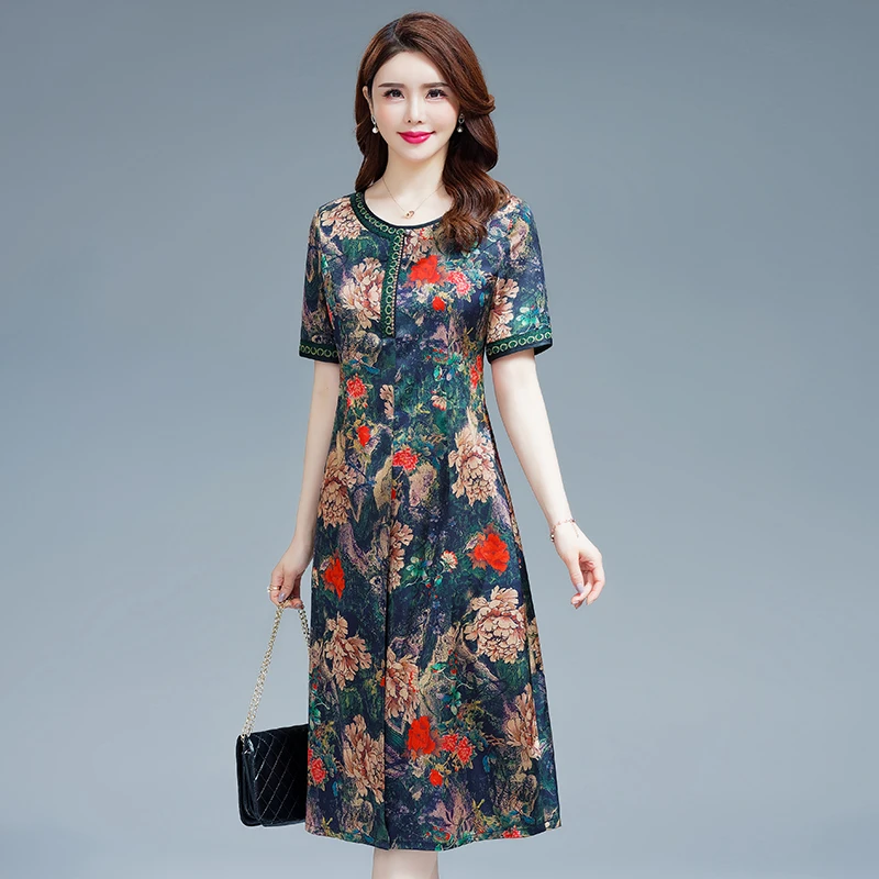 旗袍改良版连衣裙中长款印花长裙正肩圆领短袖气质妈妈装显瘦裙子