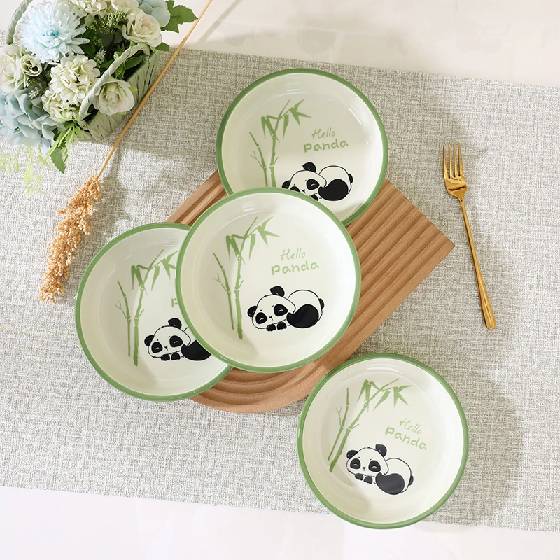 卡通熊猫陶瓷7寸盘子菜盘家用新款汤盘深盘碟子餐盘可爱餐具汤盘