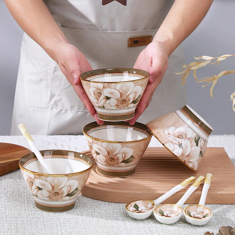 山茶花轻奢陶瓷米饭碗复古餐具斗笠碗5英寸新款面碗创意陶瓷家用