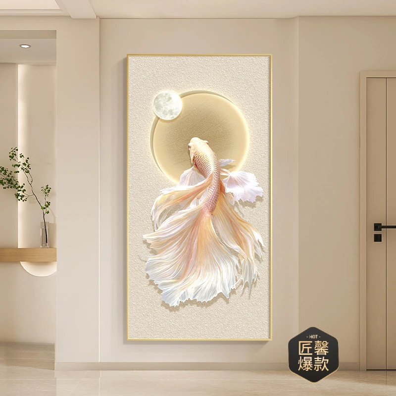 现代简约玄关装饰画寓意好锦鲤走廊过道挂画轻奢高档入户进门壁画