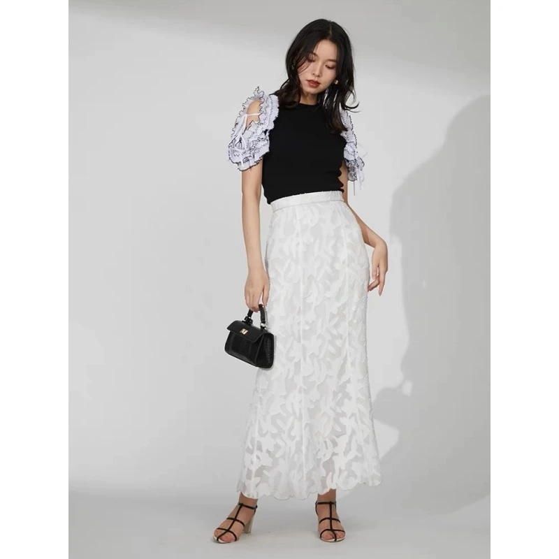 【ARINA】日系品牌 春季新款 S 时尚气质刺绣印花绑带高腰半身裙