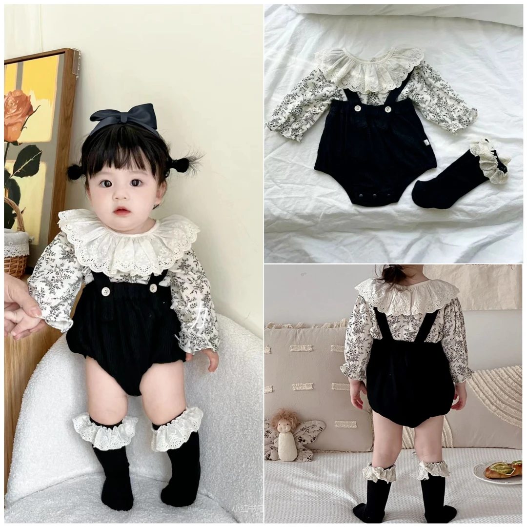 婴儿秋装衣服洋气套装女宝宝花边甜气碎花上衣女童背带裤套装