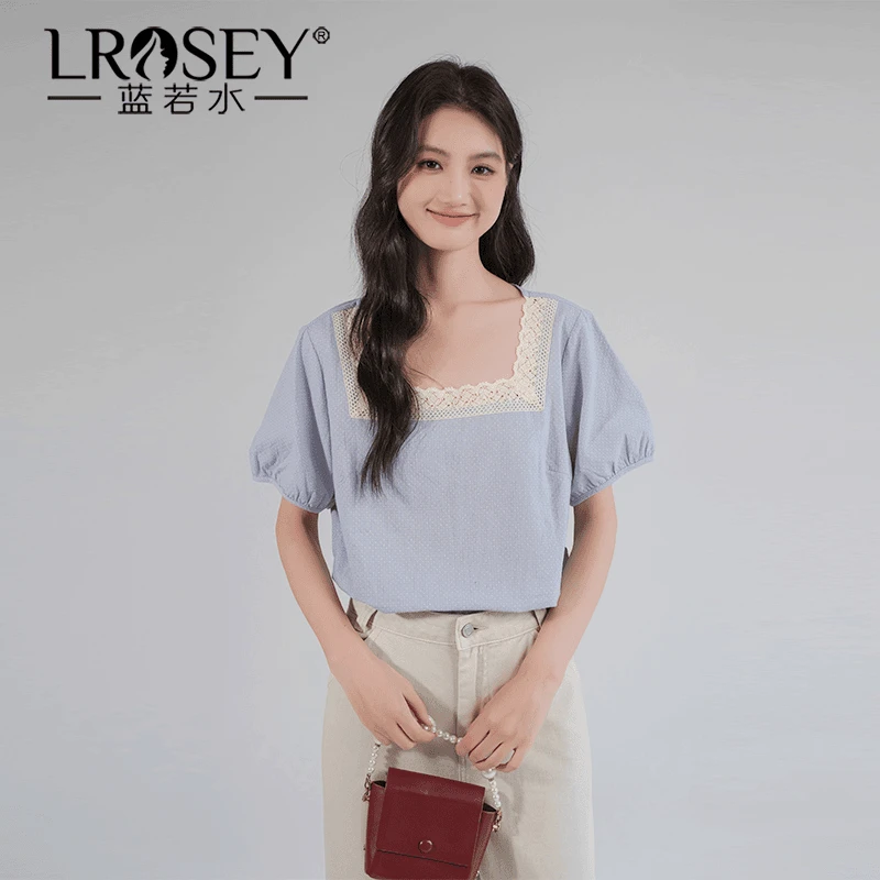 Lrosey/蓝若水大码女装甜美蕾丝方领短袖衬衫减龄显瘦上衣86193