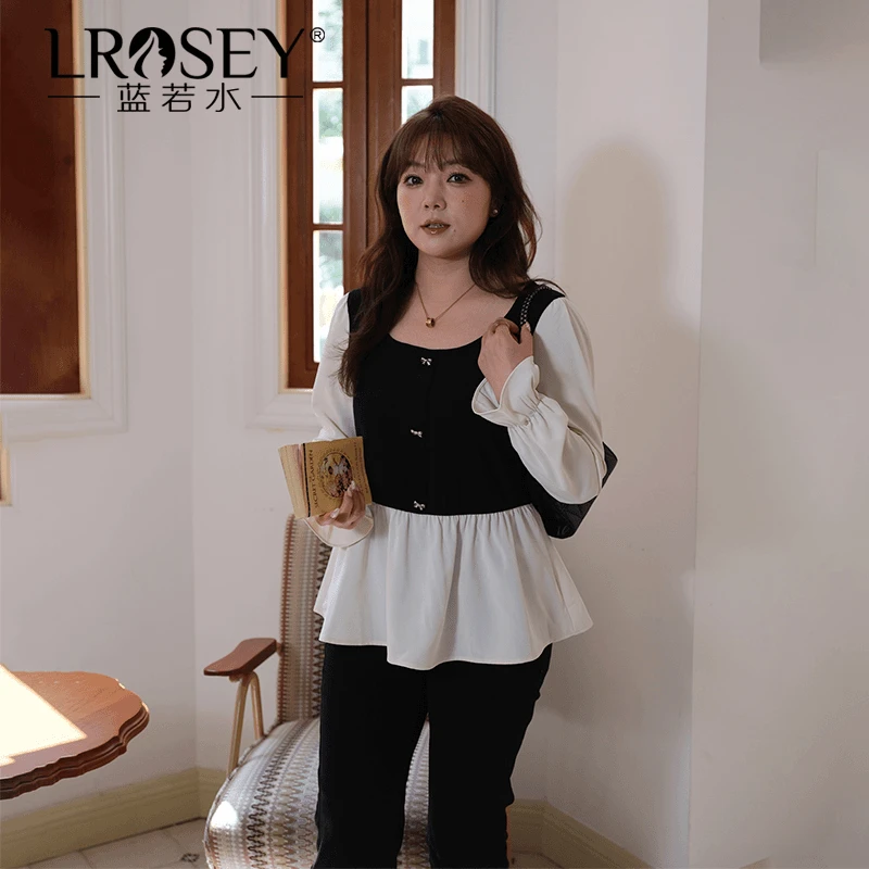 Lrosey/蓝若水大码女装假两件遮肚上衣收腰显瘦方领淑女衬衫85865
