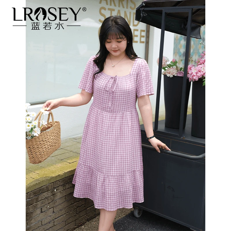 Lrosey/蓝若水大码女装港风格纹方领连衣裙显瘦淑女a字长裙0030