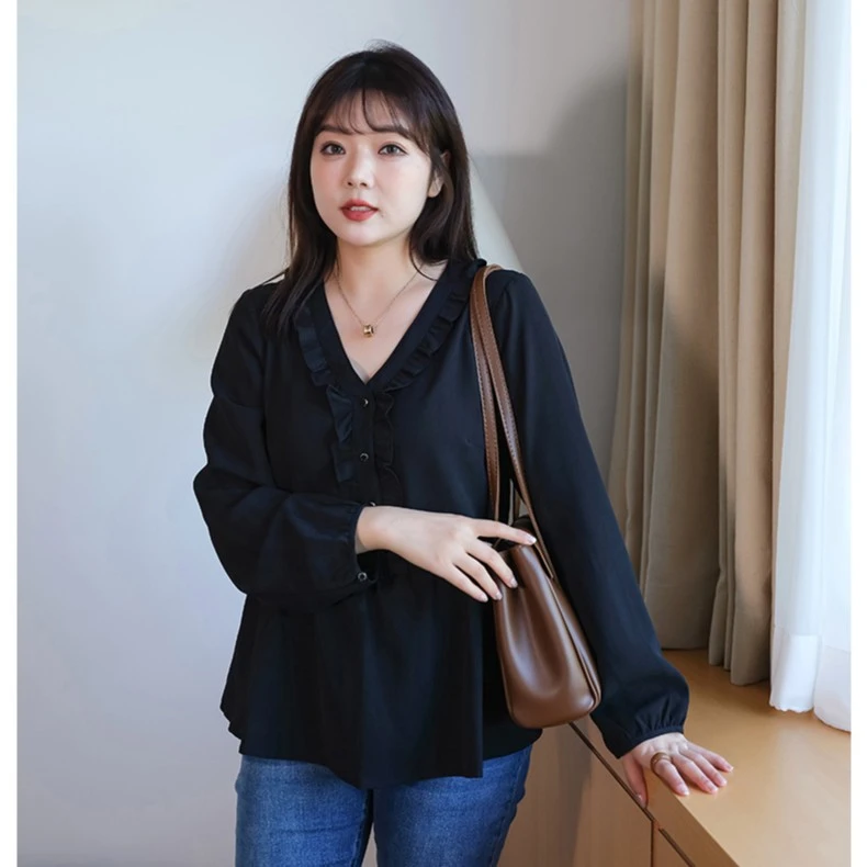 Lrosey/蓝若水大码女装2023春花边V领收腰显瘦洋气遮肉衬衫82872