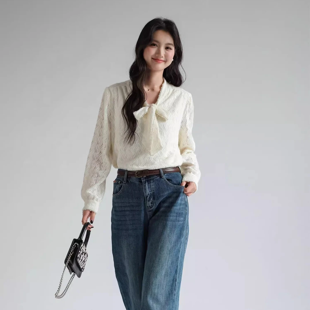 Lrosey/蓝若水【珍珠蝴蝶结磨毛蕾丝衫】大码秋冬法式优雅上衣85539