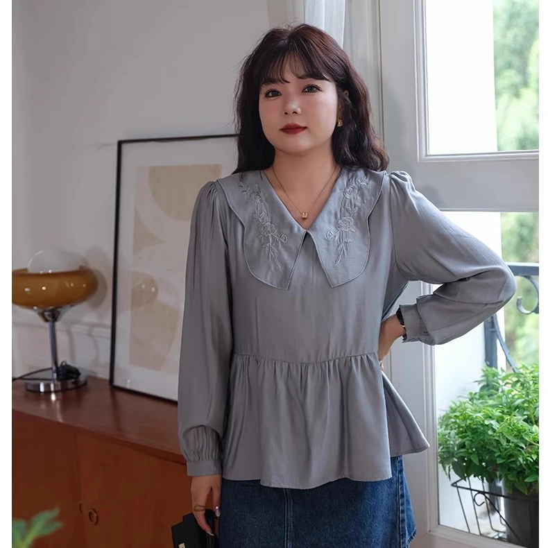 Lrosey/蓝若水大码复古刺绣V领娃娃衫秋季宽松遮肚显瘦衬衫85399