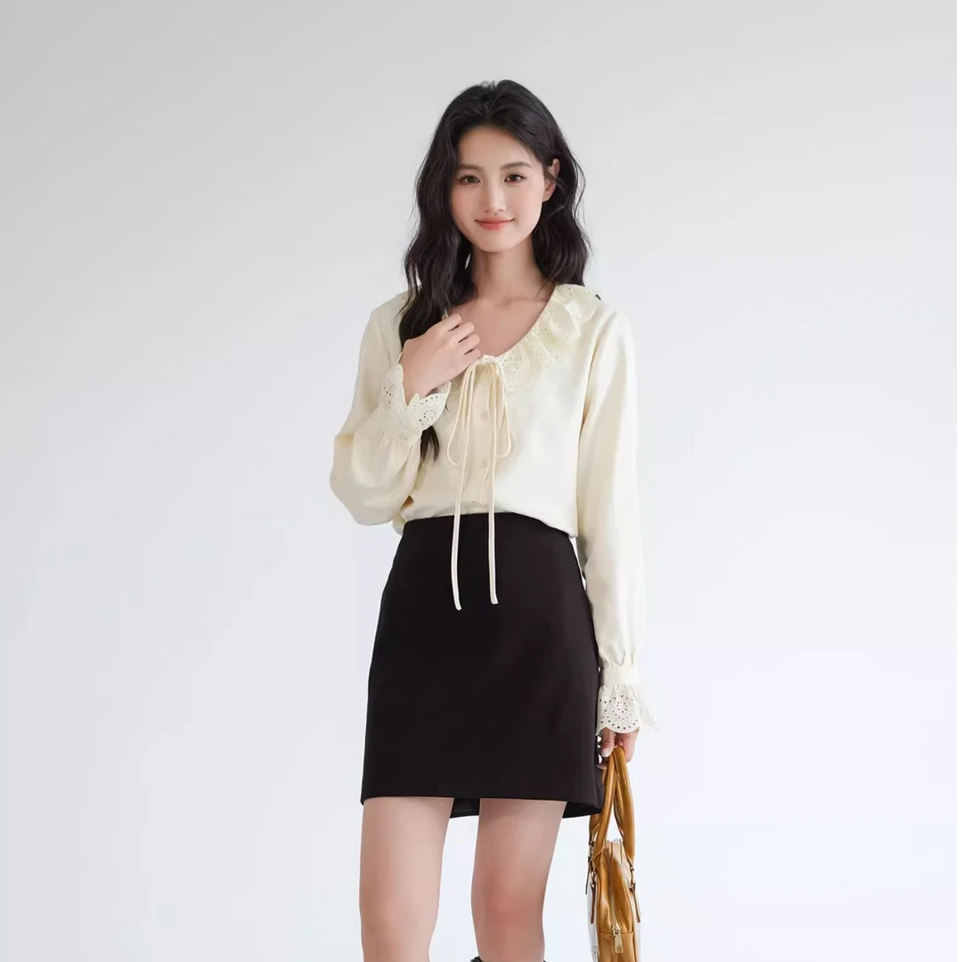 Lrosey/蓝若水大码女装甜美系带荷叶V领衬衫高级感上衣86309