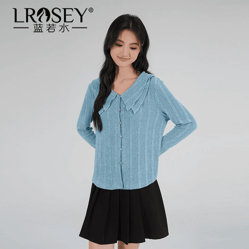Lrosey/蓝若水大码女装双层娃娃领内搭针织衫喇叭袖显瘦上衣86351