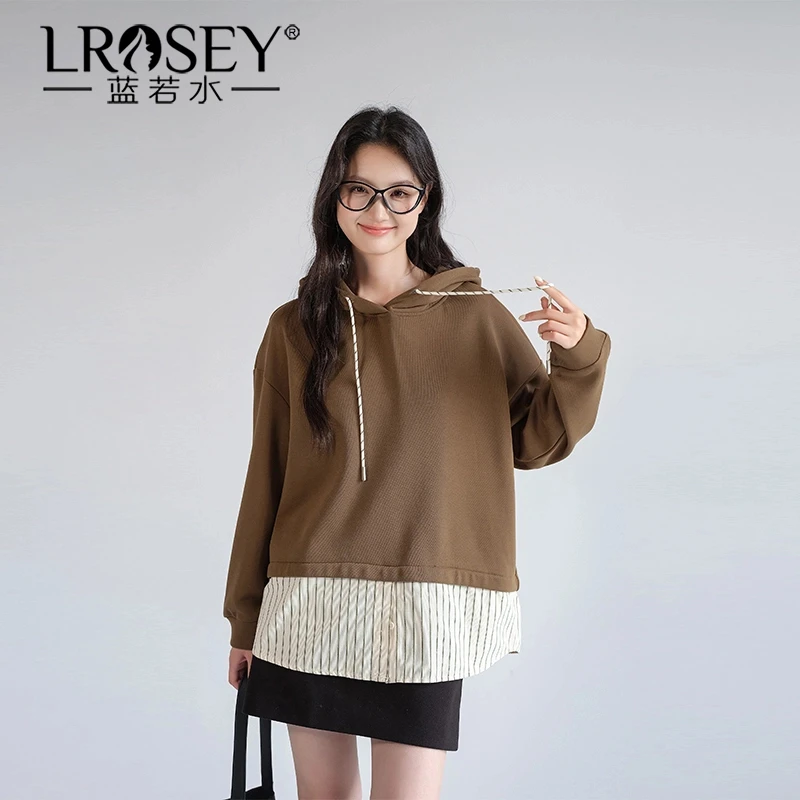Lrosey/蓝若水大码加绒连帽假两件卫衣拼接条纹慵懒风上衣86562