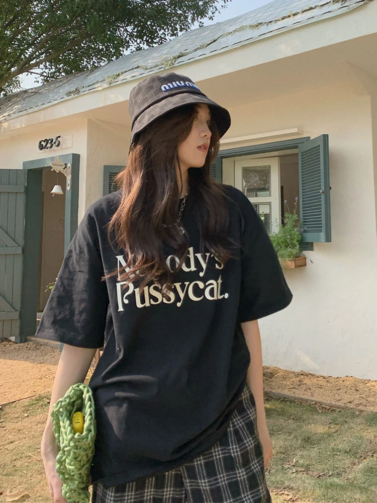 夏季新款纯棉短袖t恤女时尚小众设计感宽松百搭印花上衣女款