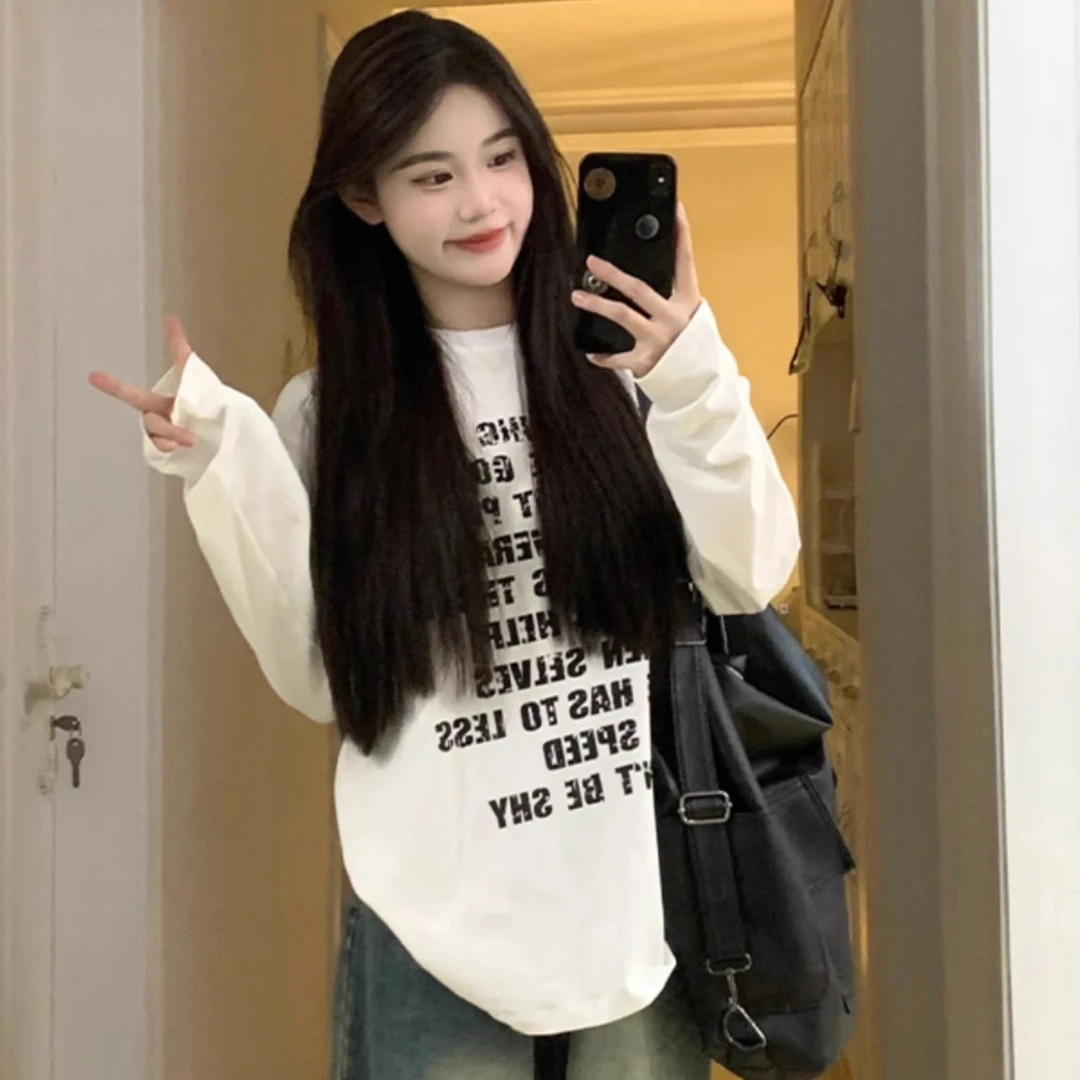 美式国潮白色长袖t恤女春秋2024纯棉爆款潮酷字母印花ins百搭上衣