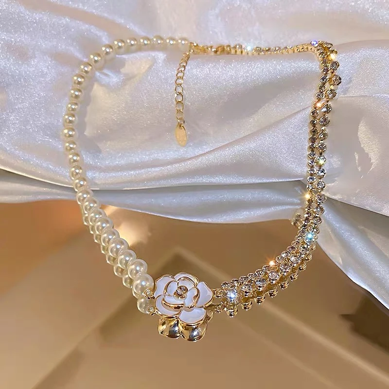 铜合金仿珍珠项链 精品新款女微镶花朵双拼项链锁骨链甜美女气质