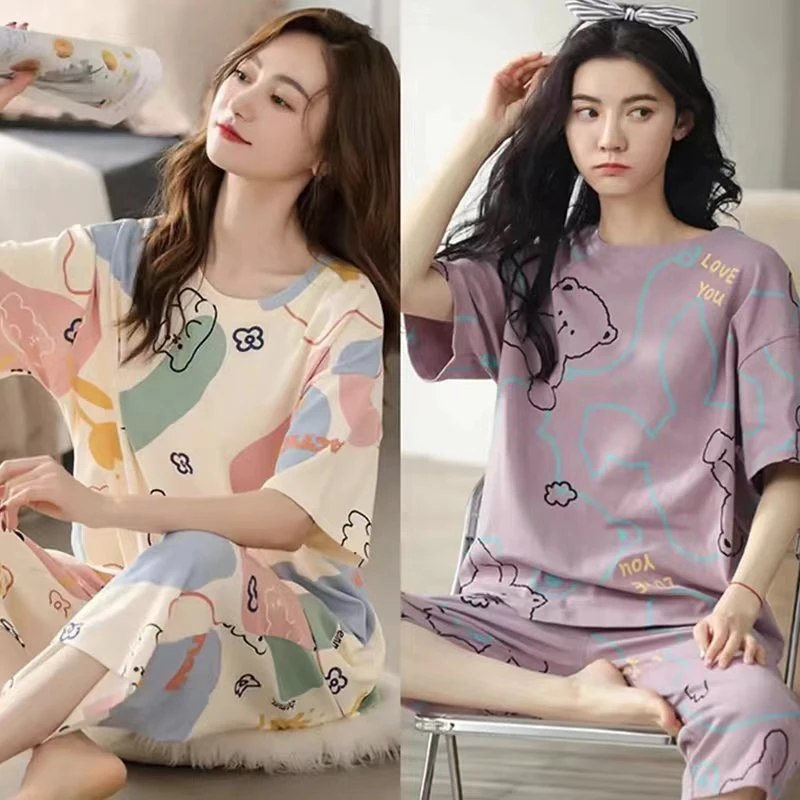 现货2025年新款七分裤睡衣女夏季套头短袖可爱卡通大码家居服