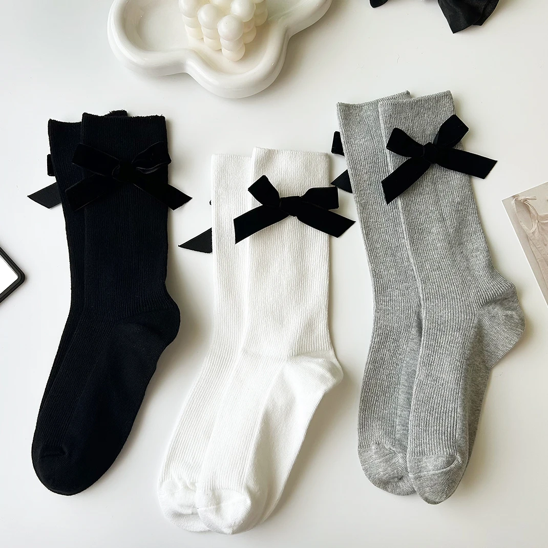 蝴蝶结袜子女春秋款中筒袜灰色堆堆袜配小皮鞋可爱日系少女jk长袜