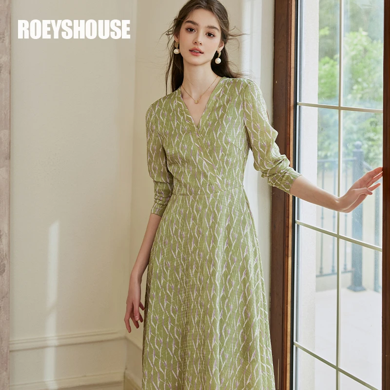 【RH】罗衣优雅花色肌理感女2025春装新款法式V领收腰连衣裙10074
