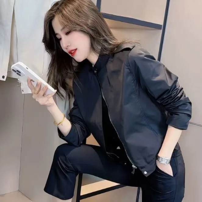 欧若风2024圆领短款女外套新款春秋显瘦宽松长袖夹克外套女春秋