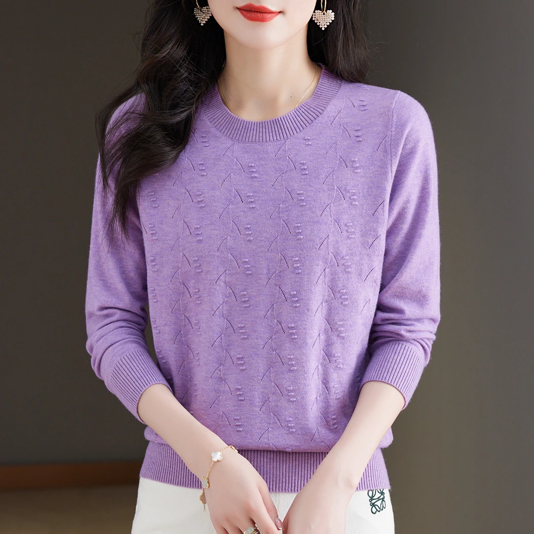 春秋洋气宽松镂空圆领上衣时尚立体提花长袖针织衫女