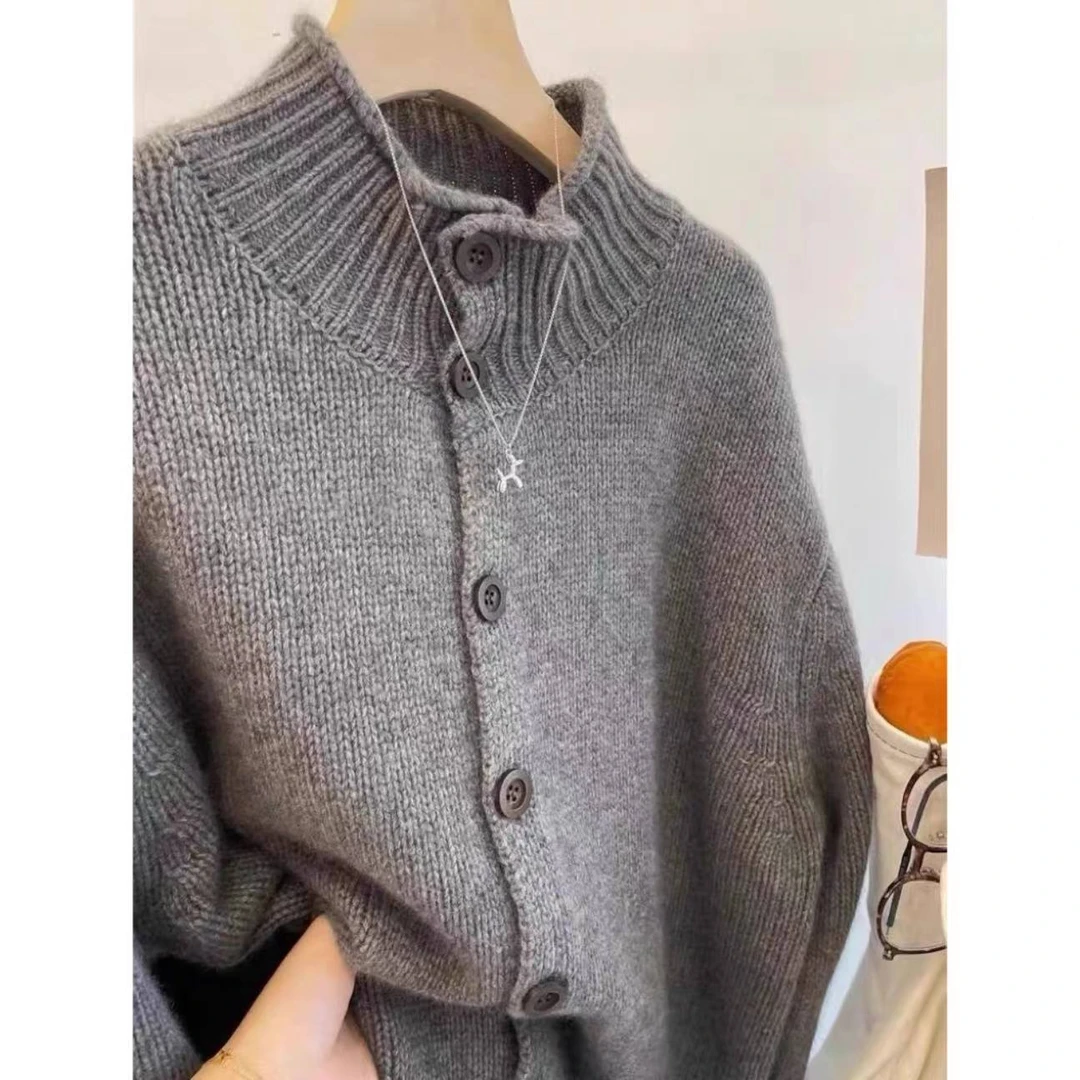 【纯色卷边半高领】单排扣纯色毛衣早秋季新款宽松内搭叠穿毛衣1187