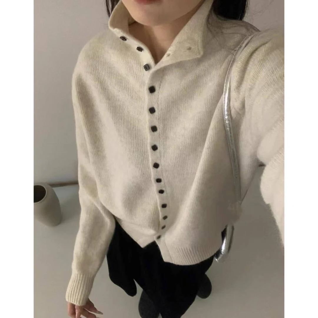 【方扣半高领】纯色秋冬小个子方扣针织开衫8109