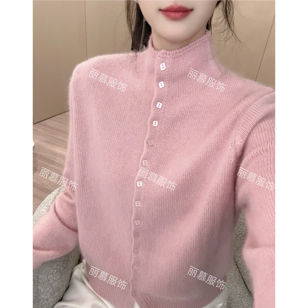 【半高领樱粉开衫】蜜熊半高领保暖针织开衫单排方扣小个子毛衣7066