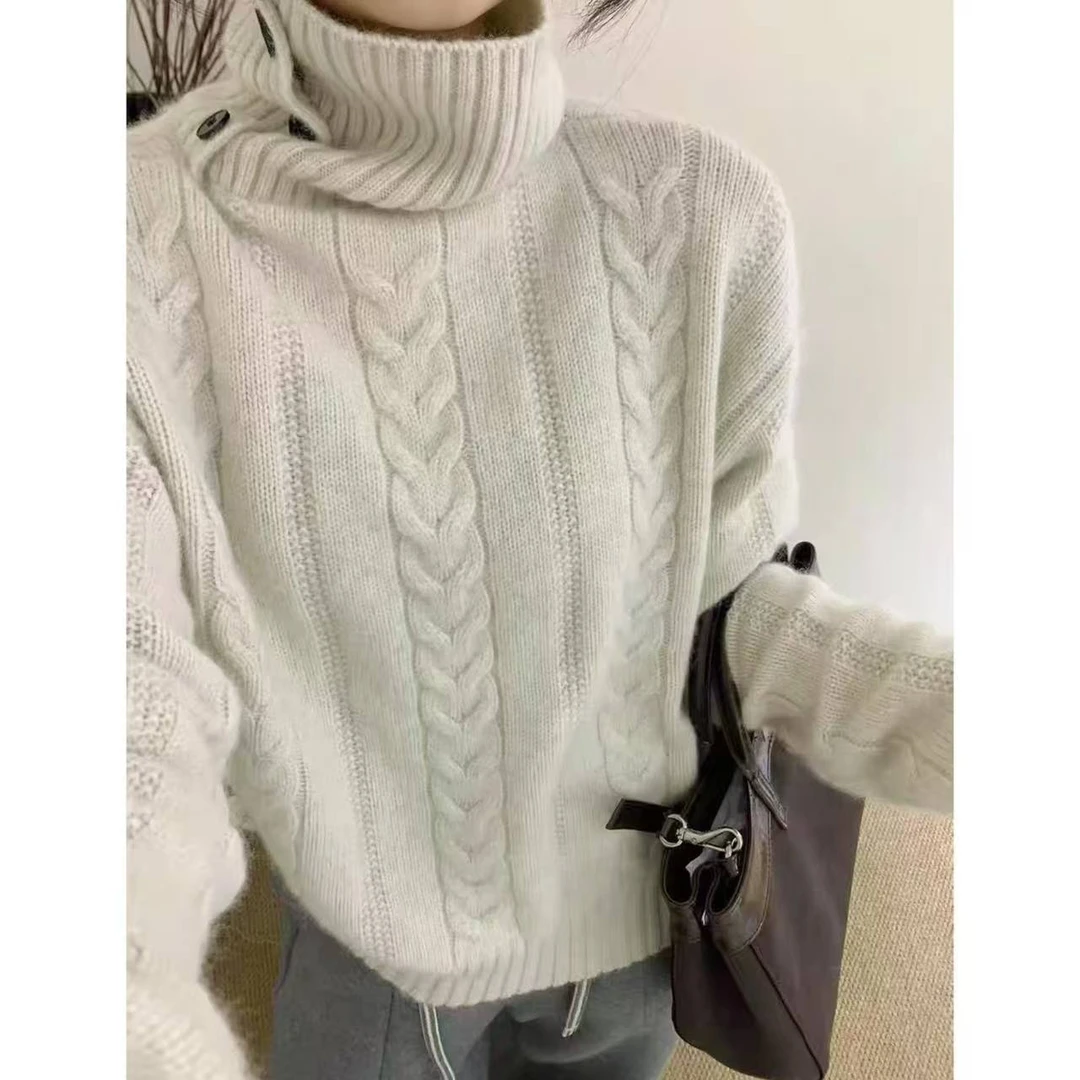 【高领纽扣麻花套头】纯色加厚秋冬韩版设计感大麻花针织套头衫6060