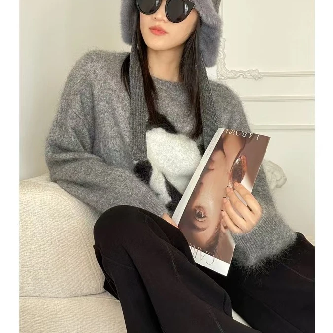 【熊猫提花】毛茸茸可爱熊猫提花秋季外穿显瘦针织毛衣套头1207