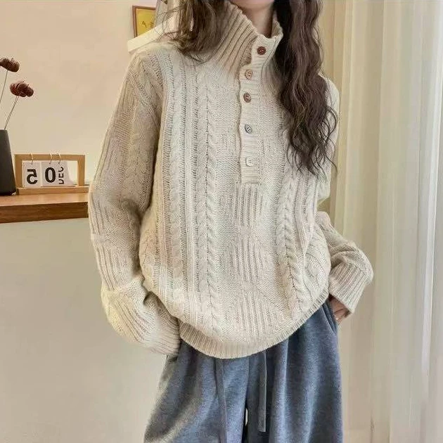 【立领麻花菱形】纯色立领单排扣慵懒风宽松厚款秋冬针织毛衣1058