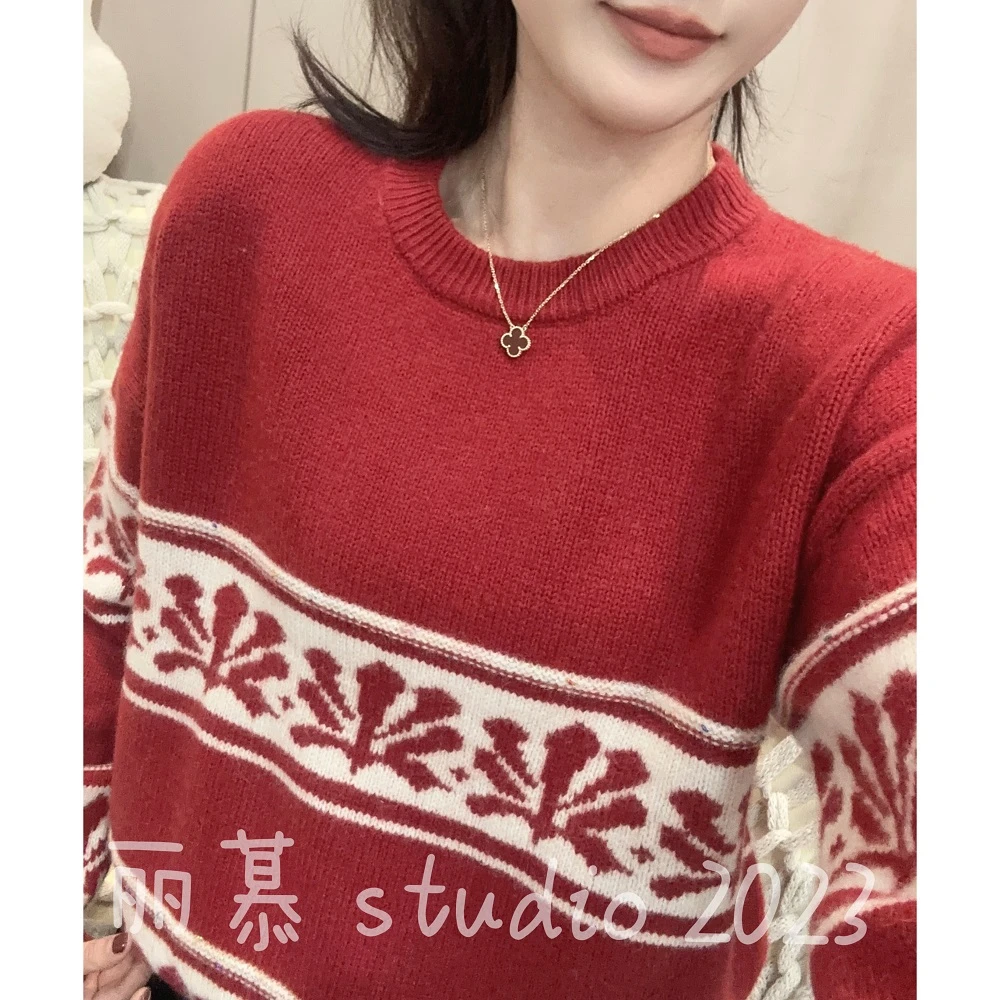 小个子圆领复古撞色圣诞花纹显瘦慵懒风针织套头毛衣
