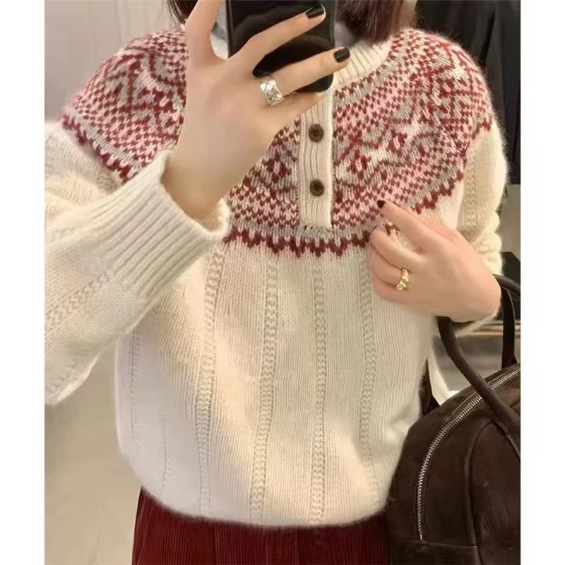 【三粒扣民族风】秋冬复古穿搭宽松秋季撞色波浪纹针织套头衫9005