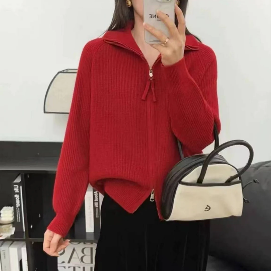 【翻领双拉链】纯色元宝针秋冬加厚双开拉链翻领针织开衫上衣1001