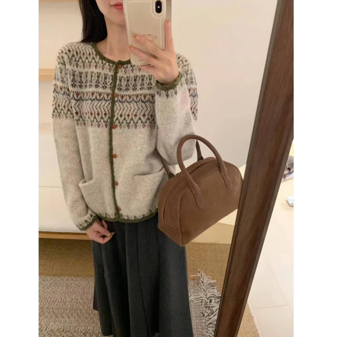 【费尔岛碎花】复古圆领费尔岛提花文艺女宽松慵懒减龄针织开衫8011