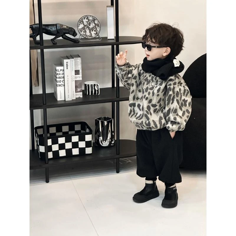 儿童秋冬加绒加厚豹纹卫衣套装2024新款男女童加绒卫衣加厚百搭裤
