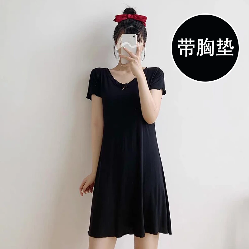 带胸垫莫代尔睡裙女夏季加肥加大码2024年新款宽松中裙家居服睡衣