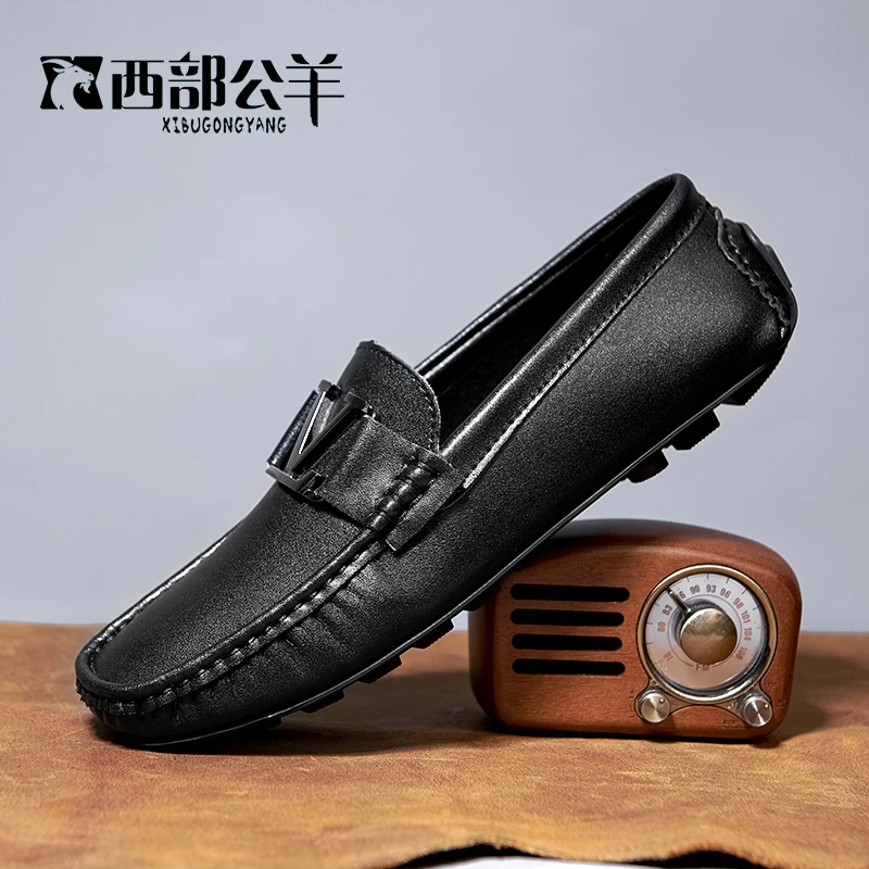 38-45西部公羊秋冬大促一脚蹬豆豆鞋牛皮漆面百搭软底驾车鞋9897