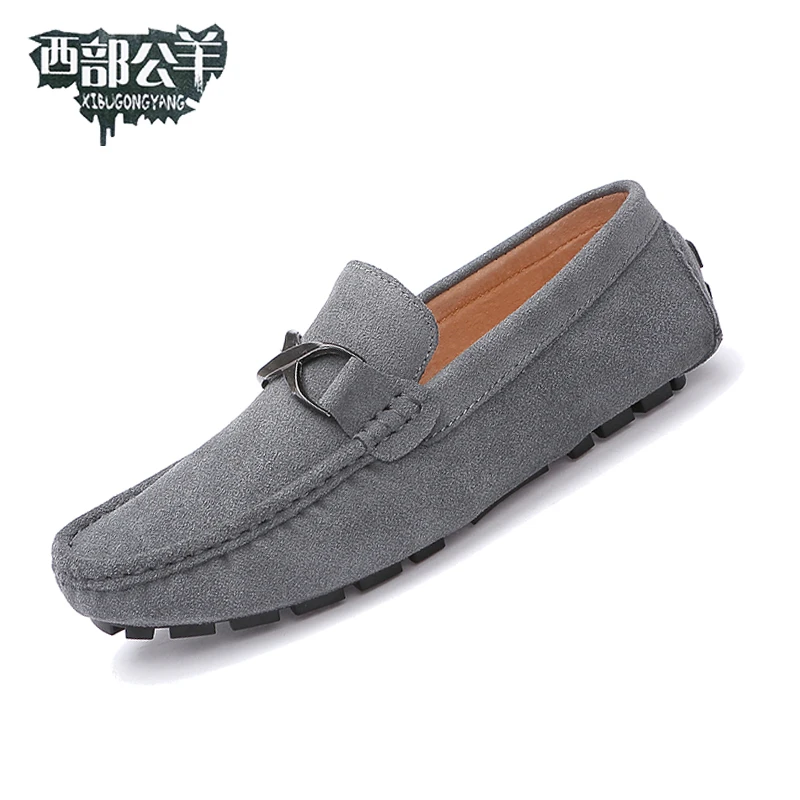 39-44西部公羊秋季新款磨砂豆豆鞋牛反绒休闲皮鞋韩版驾车鞋20181