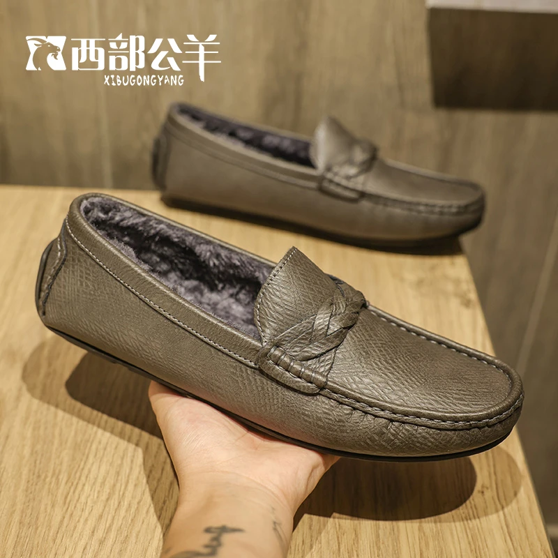 38-44西部公羊秋冬保暖豆豆鞋男士乐福鞋牛皮软底一脚蹬M203