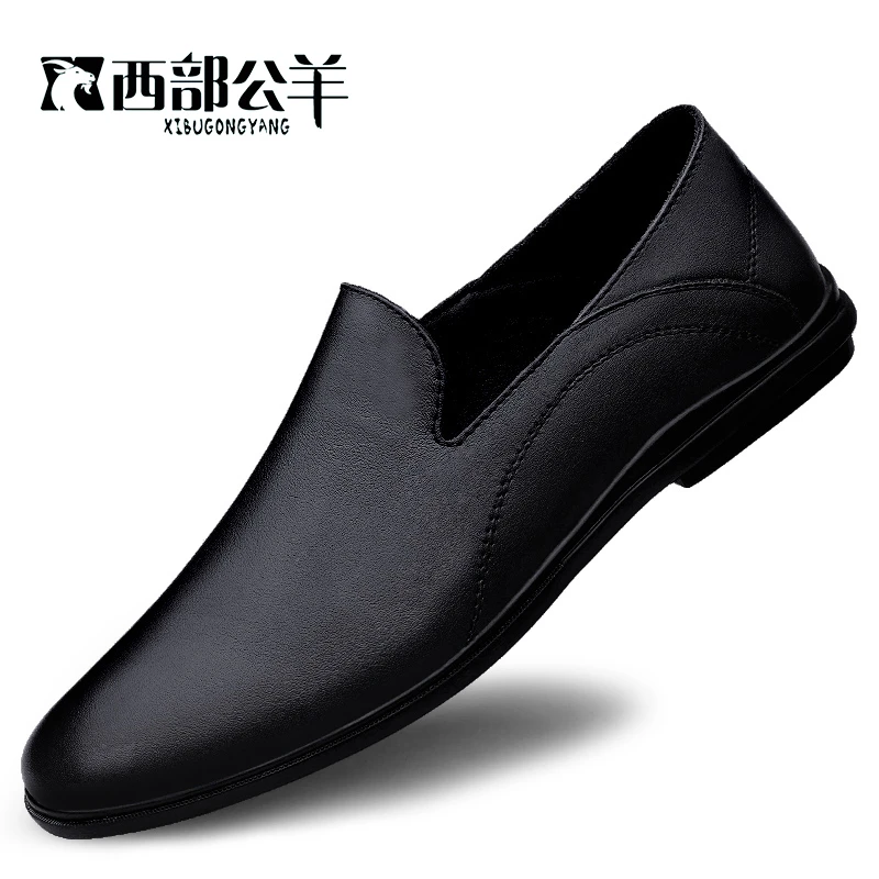 37-46西部公羊一脚蹬套脚休闲皮鞋商务带跟简约大气软底男鞋6070