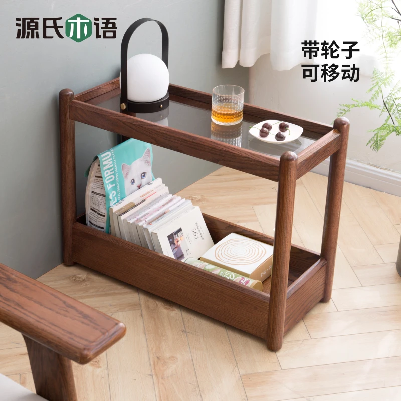 源氏木语实木边几沙发边柜客厅带轮移动玻璃茶几双层置物架H00J03