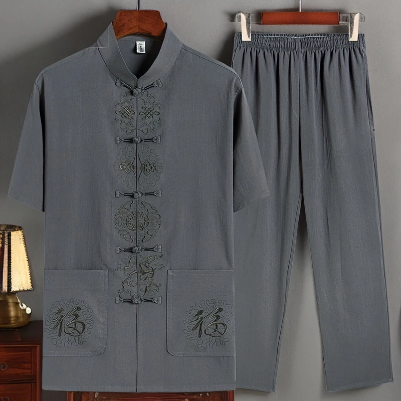 恒源祥彩羊夏季棉麻唐装男薄款加大码短袖中国风中老年爷爷衣服