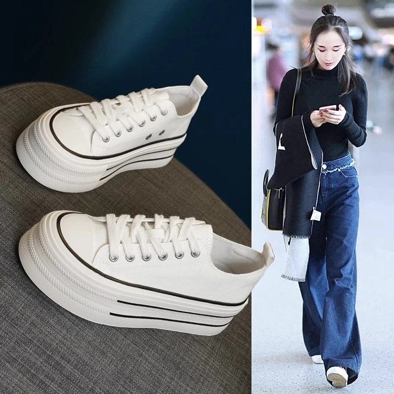 4.5cm低帮帆布鞋女2024夏季新款松糕底休闲鞋增高爆款厚底小白鞋