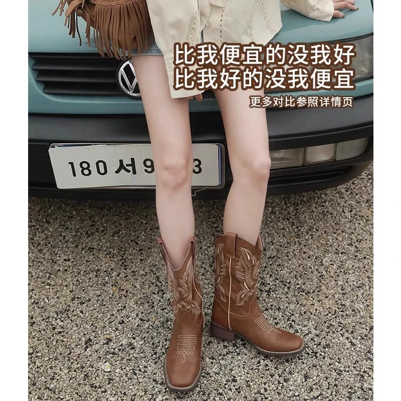 西部牛仔靴时尚女靴子复古骑士靴夏季薄款民族风长筒靴女马丁靴子